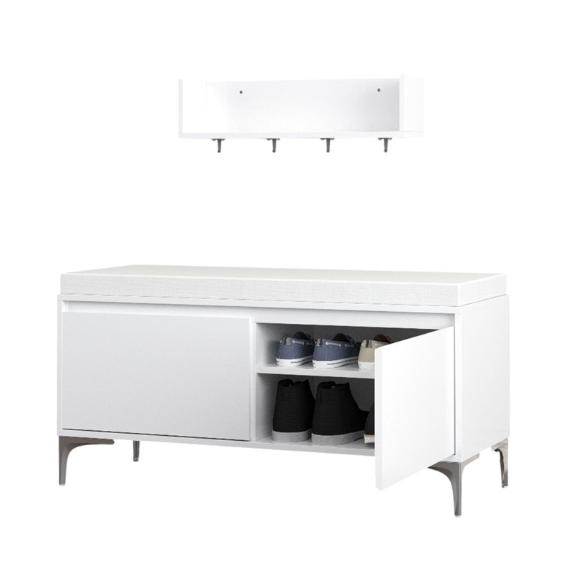 Wall - Mounted Shelf With Hooks And Storage Bench, Modern White Shoe Cabinet Soft Seat Cushion. Organizes Entryway Items. Spacious Closed For Shoes Other Stuff. Secure Mount Long Term Use In Bench ,