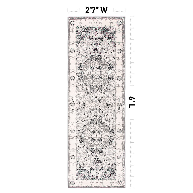 Barlow Performance Oriental Gray/Ivory/Black Indoor Rug, Runner 2'7" x 6'