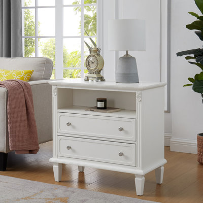 Open Space And 2 Drawers Dresser Nightstand With Charging Station, Farmhouse End Table With USB Ports And Outlets, Solid Wood Legs