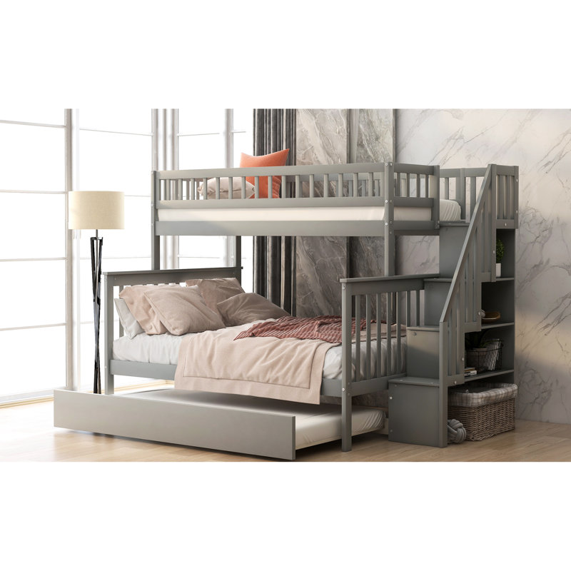 Lit superposé simple au-dessus d'un lit double avec lit gigogne et escalier gris - sécuritaire et confortable, Gris
