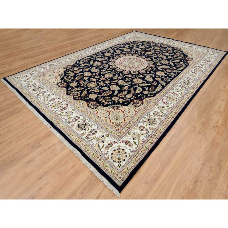 Tapis bleu en laine noué à la main 9 pi 10 po x 14 pi 3 po Nain avec motif en médaillon