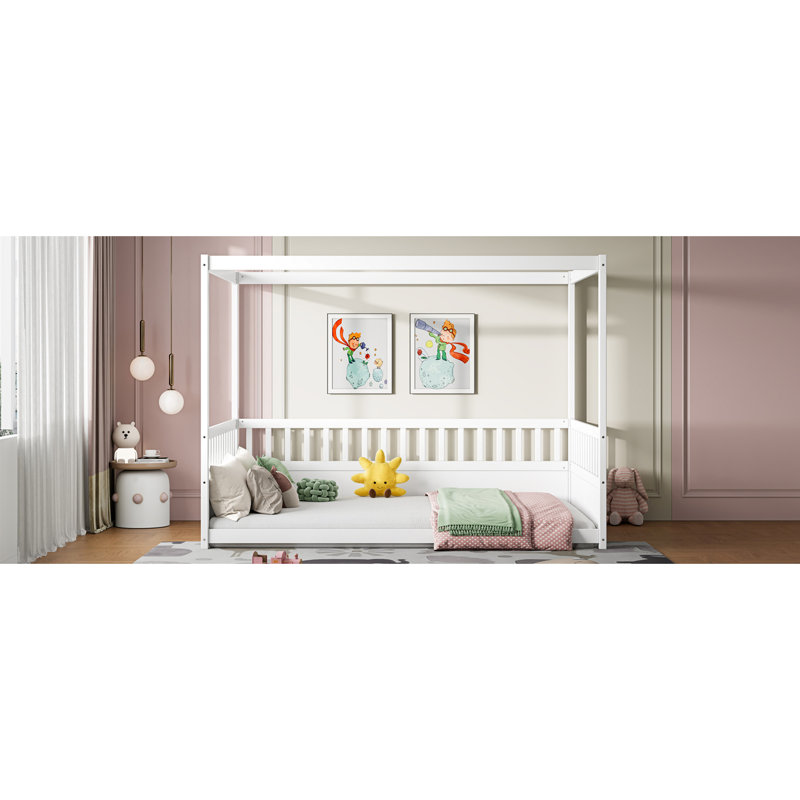 Lit en bois blanc S avec auvent - coffre-fort et plancher