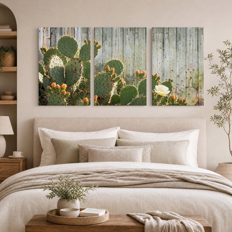 Ensemble de 3 toiles murales représentant un cactus figuier de Barbarie à fleur blanche sur bois vieilli