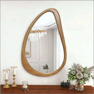 Modern Irregular Teardrop Wooden Wall Mirror, Decorative Accent Mirror For Bathroom, Bedroom, Living Room, Mid-Century Home Decor