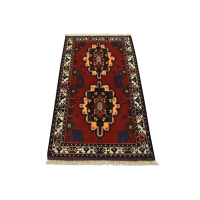Tapis oriental rétro en laine rouge noué à la main 2 pi 11 po x 5 pi 1 po Tribal