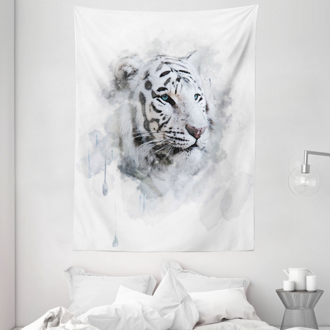 Wandbehang Porträt eines weißen Tigers Wilde Natur Raubtier Aquarell Spritzer