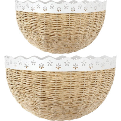Scalloped Wall Baskets ，2 Pcs Woven Boho Wall Decor, Front Door Baskets Hanging Storage for Entryway, Living Room ，Kitchen, Sturdy Steel Frame Wall Organizer for Home