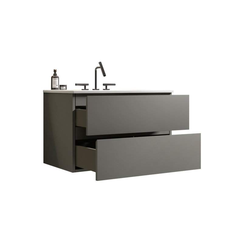 Tia 30-inch Wall-mount Space Grey Bathroom Vanity With Ceramic Sink, Three Faucet Holes, Large Floating Storage, Pre-assembled