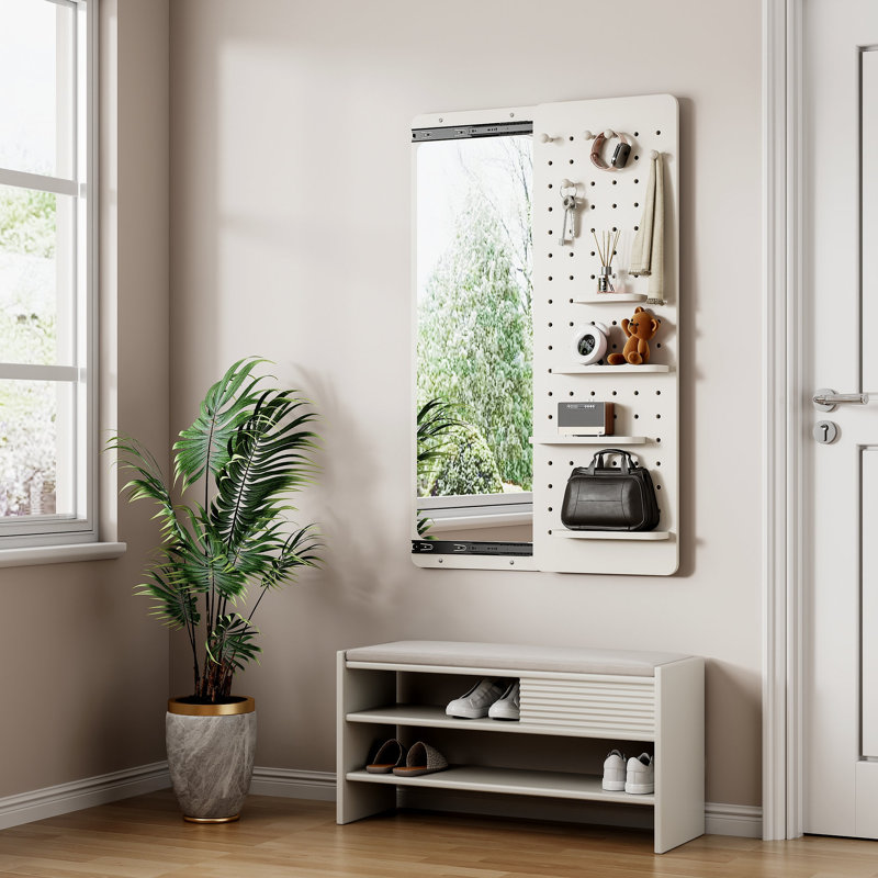Wall Mounted Full Length Mirror, Full Body Mirror With Shelf, Full Body Mirror With Hook Wall Mounted Mirror With Multifunctional Design Panel, Bedroom/Living Room/Entrance White(47.6*15.7In)