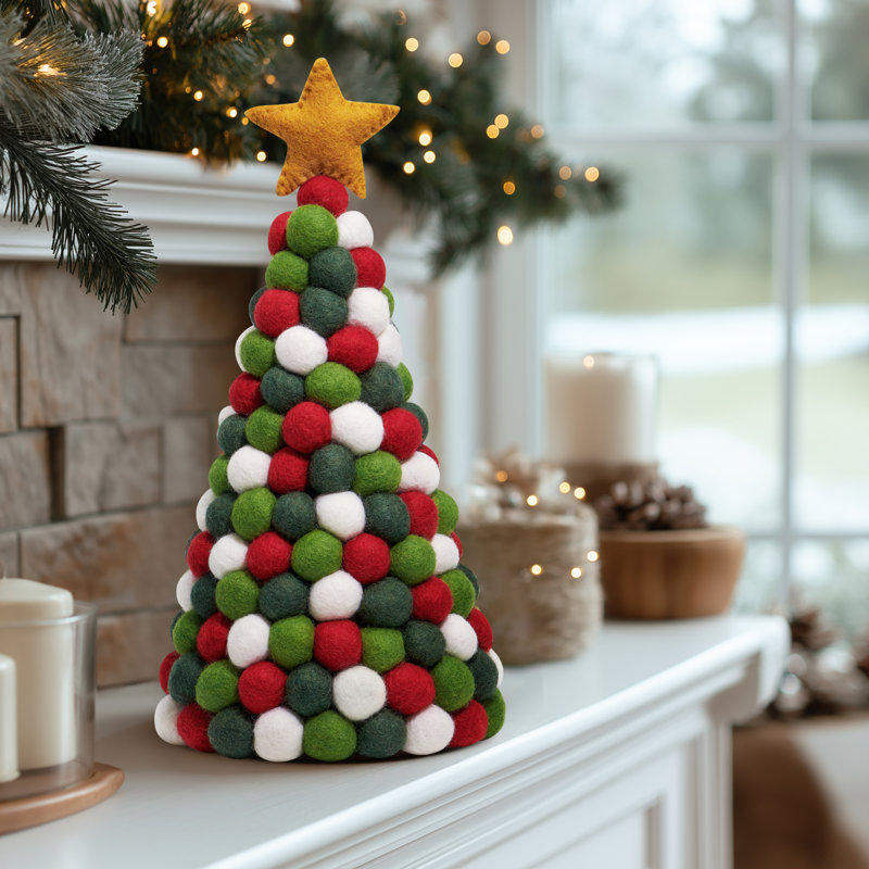  Arbre de Noël en laine feutrée à la main MODWOOL 12 po (tons de Noël), Blanc / vert / rouge / jaune