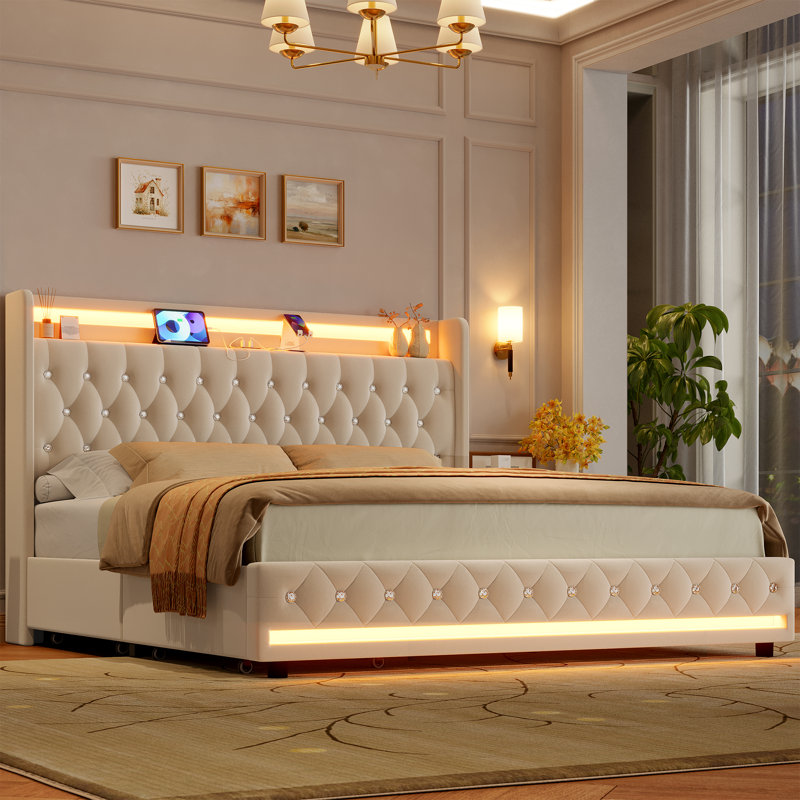 Glastonbury Velvet Upholstered Wingback Storage Bed with LED Lights, Off White, King