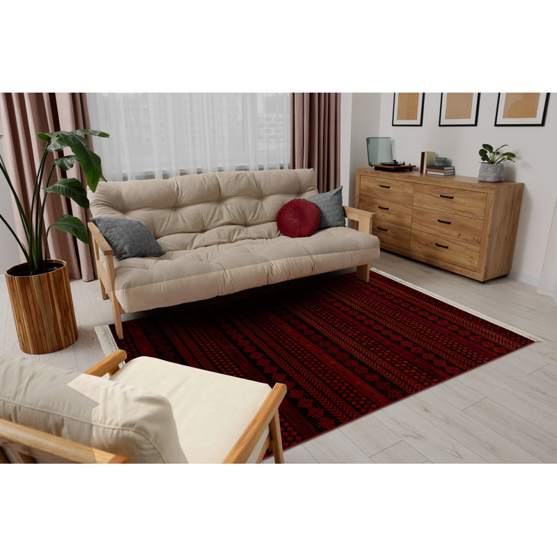 Luca 5132 – Elegant rug with fringes in burgundy & black – Classic Lucaal rug with ornament, Rectangle 150 x 230 cm