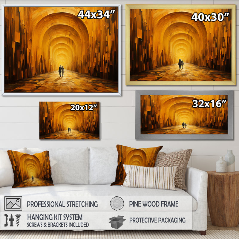 Couple in Yellow Abstract Tunnel, reproduction d'art sur toile, Cadre flottant doré, H 34 po x l 44 po x P 1,5 po