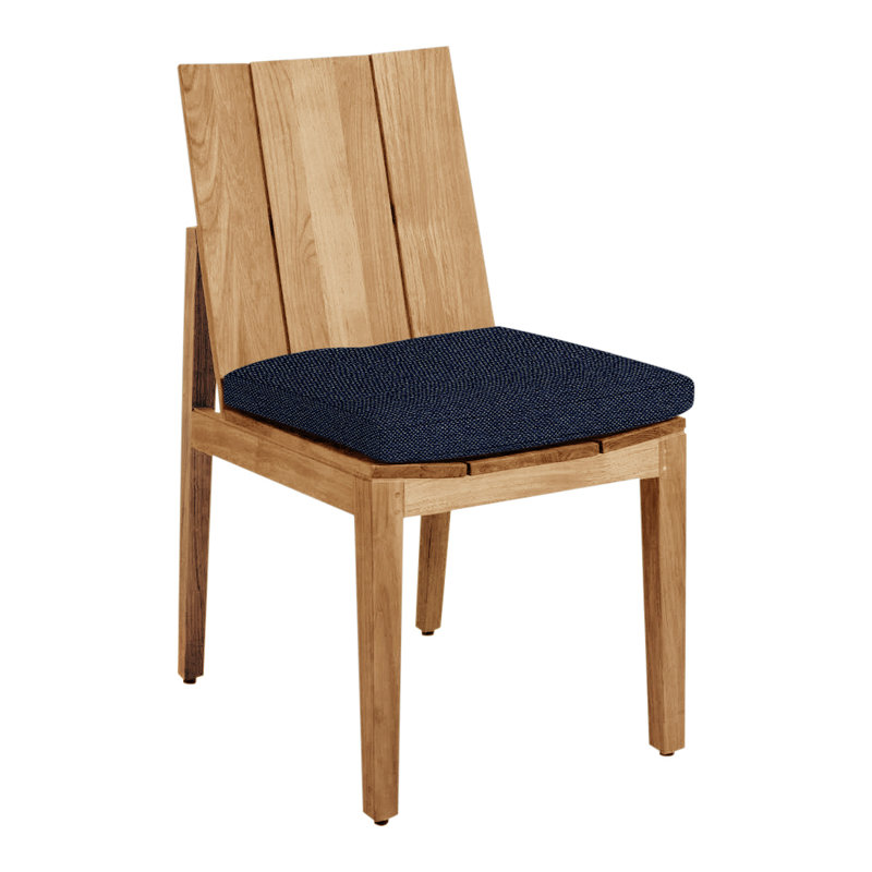 Ashland Patio Dining Side Chair With Cushions, No Welt, Natural Teak, Intermix Indigo