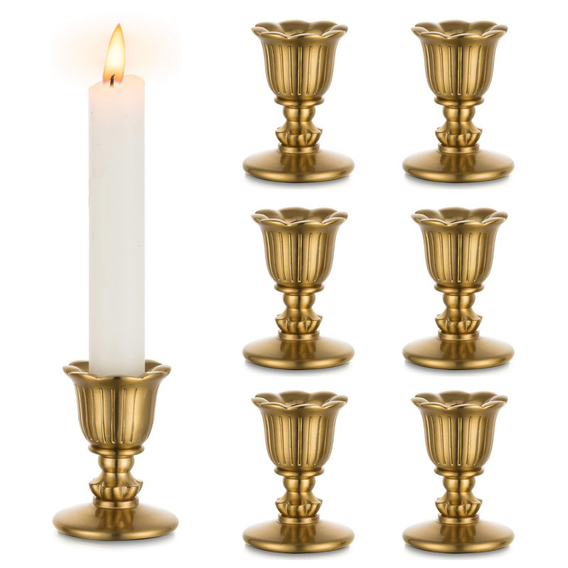 Vintage Brass Flower Design Tabletop Candlestick Set of 6