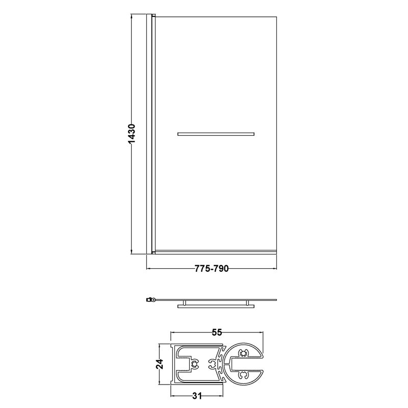 775;775mm - 790mm W x 1435mm H Hinged Semi-Frameless Tub Door with Clear Glass