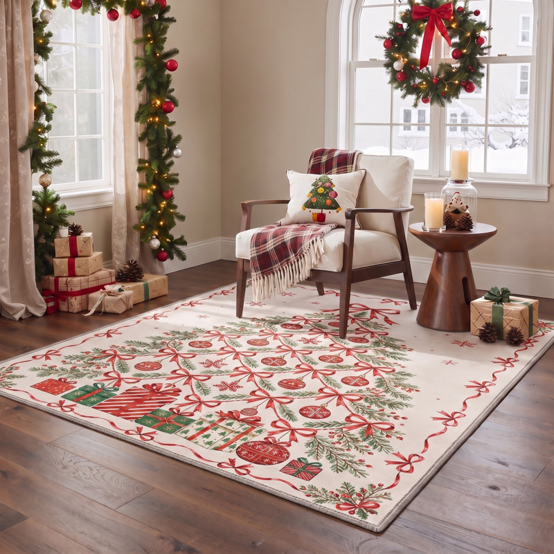 Tapis floral ivoire / rouge lavable à la machine avec envers antidérapant, Rectangle 6 pi x 9 pi