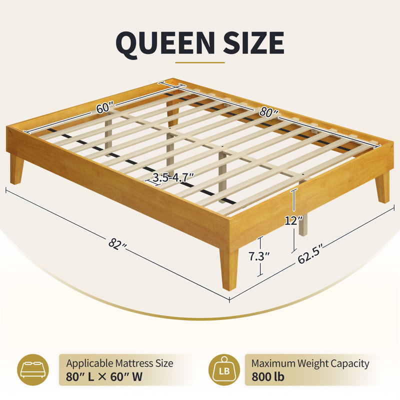 12" High Wood Platform Bed Frame, Solid Wood Platform Bed with Sturdy Slat Support, Without Headboard, No Box Spring Needed
