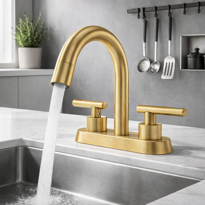 4" Centerset High Arc Dual Handle Bathroom Faucet, Lead-free Brass Vanity Sink Faucet With Supply Lines (drain Not Included) - Brushed Gold
