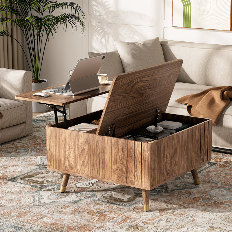 Table basse à plateau relevable carré 32 po avec rangement, table basse moderne Mid-Century avec compartiment caché pour le salon ou le bureau personnel, noyer