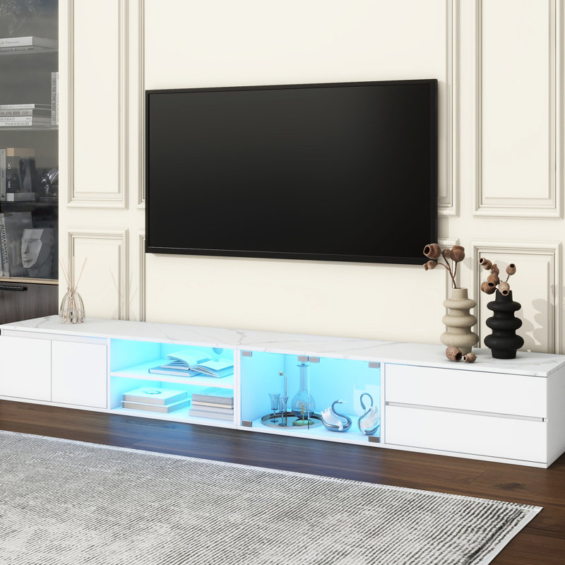Meuble télé moderne pour téléviseur de 105 po ou moins avec portes en verre et armoires de rangement, Blanc