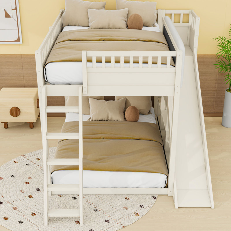 Loft Bed With Storage Shelves, Ladder, Guardrails And Built-In Slide, Beige, Full