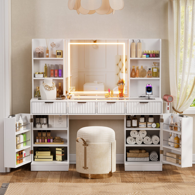 Grand bureau de meuble-lavabo cannelé de 55 po avec miroir et lumières, meuble-lavabo à plateau en verre avec station de charge, tiroirs, coiffeuse avec modes d'éclairage 3 couleurs pour la chambre à coucher, blanc