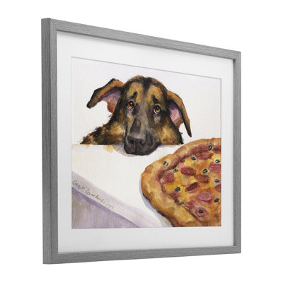 German Shepherd with Pizza Framed Print Under Glass, design by George Dyachenko