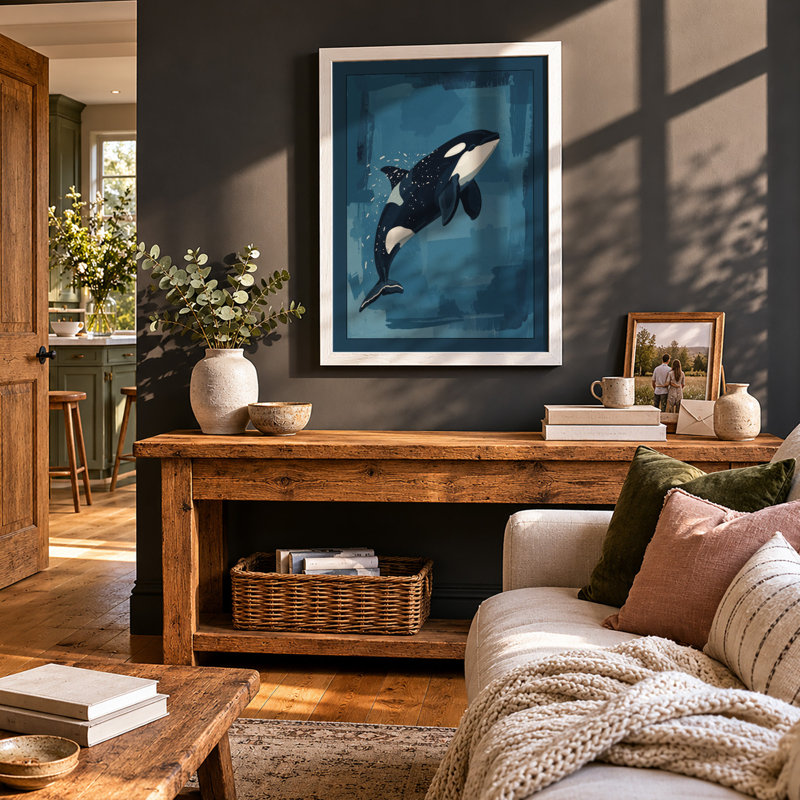 Orca in Blue Depths Coastal - Framed Print, A1 - 84.1 x 59.4 cm, White