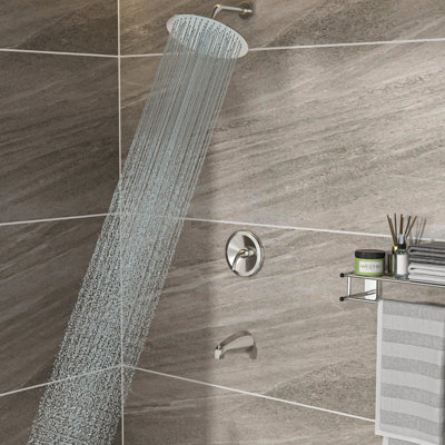 Système de douche mural rond de 25 cm (10 po) avec bec de baignoire à effet pluie et effet cascade, finition nickel brossé - robinetterie équilibrée, réglable à 360°, installation et nettoyage faciles, et garantie de propreté.