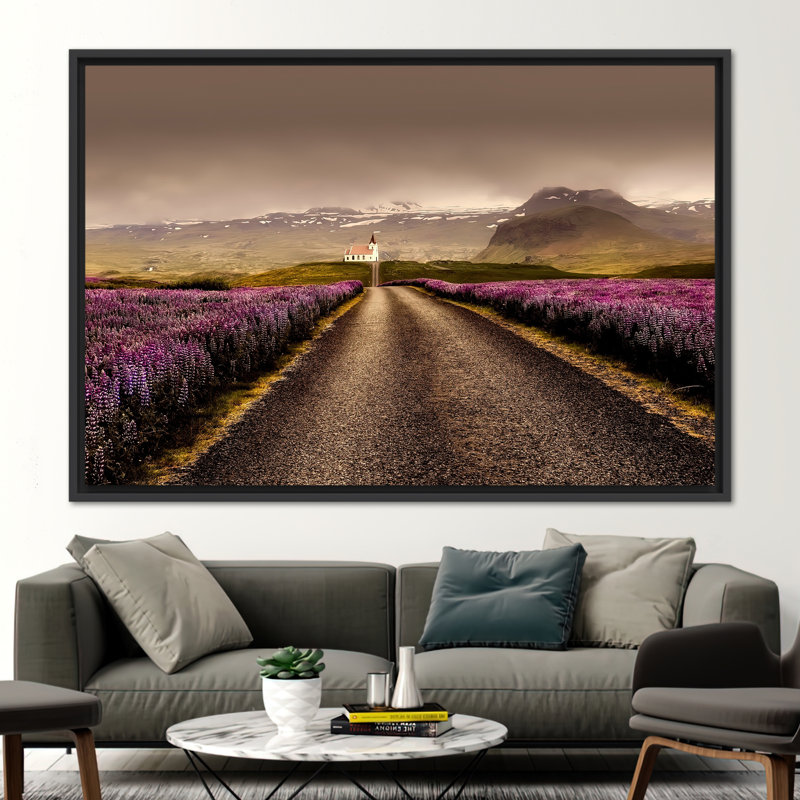 Open Road Art Canvas, Roadside Wall Art, Landscape Artwork, Cloudy Weather Canvas, View Canvas, Pink Flowers Wall Decor, Nature Wall Decor,