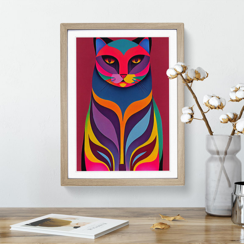 Vibrant Cat Abstract - Wall Art, 66cm H x 48cm W, Oak Picture Frame, White