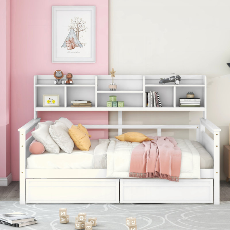 Daybed, Wood Slat Support, With Bedside Shelves And Two Drawers, Twin, White