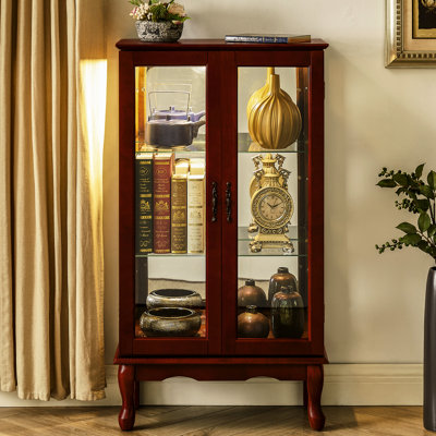 Vitrine avec portes en verre trempé et fond miroir, finition cerisier, dimensions : 30,2 cm (P) x 66 cm (L)