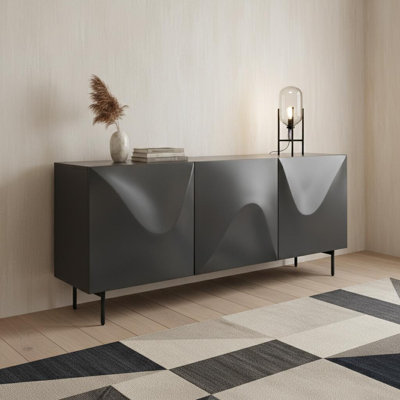 71" Dark Gray Wood Carved Abstract Sideboard With Three Doors