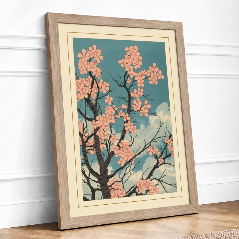 Moonlit Cherry Blossom Japandi - Framed Print, A4 - 29.7 x 21.0 cm, Oak