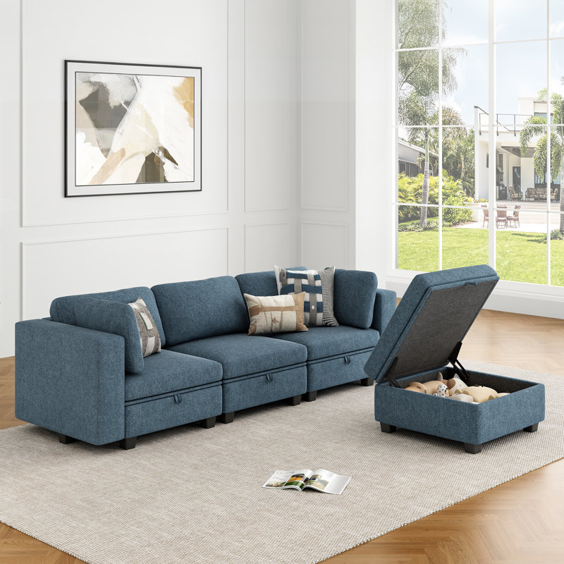 Canapé modulaire en L avec compartiment de rangement, Tissu bleu