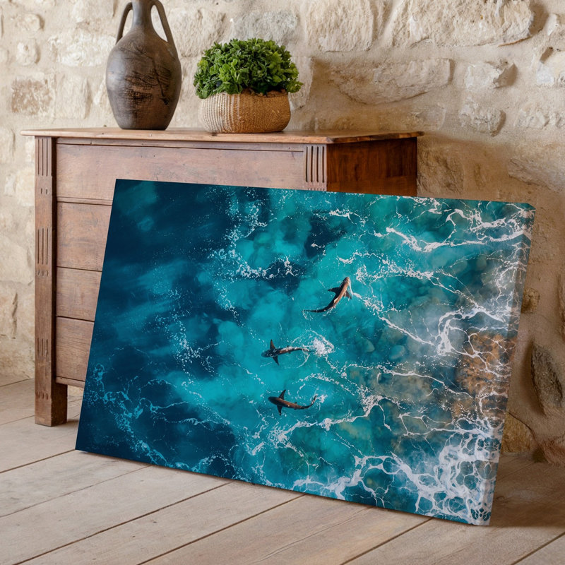 Toile vue aérienne de deux élégants requins glissant gracieusement à travers un art mural vibrant, H 9 po x l 12 po