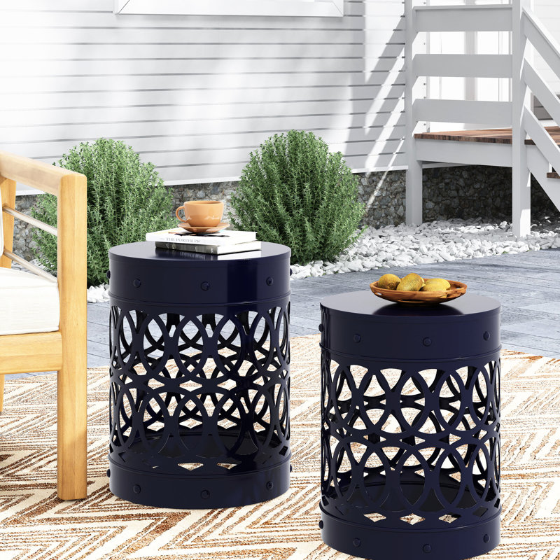 Navy Blue Garden Side Table - Iron Cut, Modern, 12.00"W X 16.00"H Outdoor Metal Blue, , 12.00"H,, Navy Blue