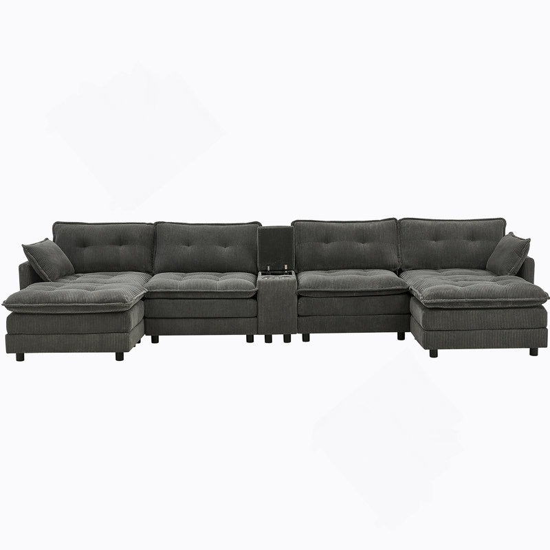 Canapé modulaire en U de 154 pouces avec repose-pieds en forme de U avec repose-pieds, conception modulaire pour le salon, ensemble de canapés à siège profond en velours côtelé 6 places avec console centrale et port USB, gris