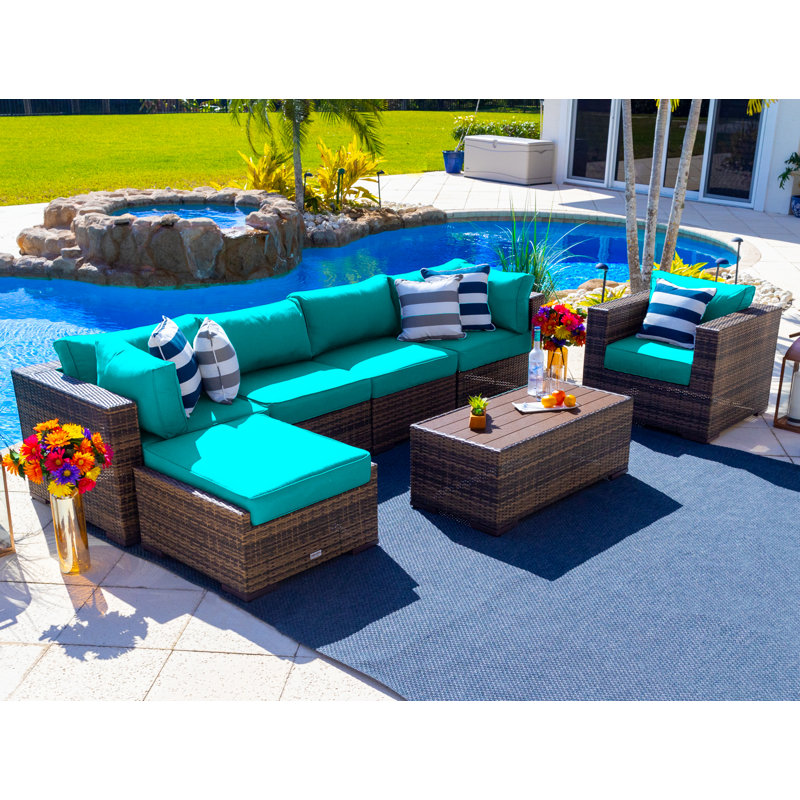 Ensemble de conversation modulaire en rotin 7 pièces avec coussins Sorrento, Toile Aruba Sunbrella®