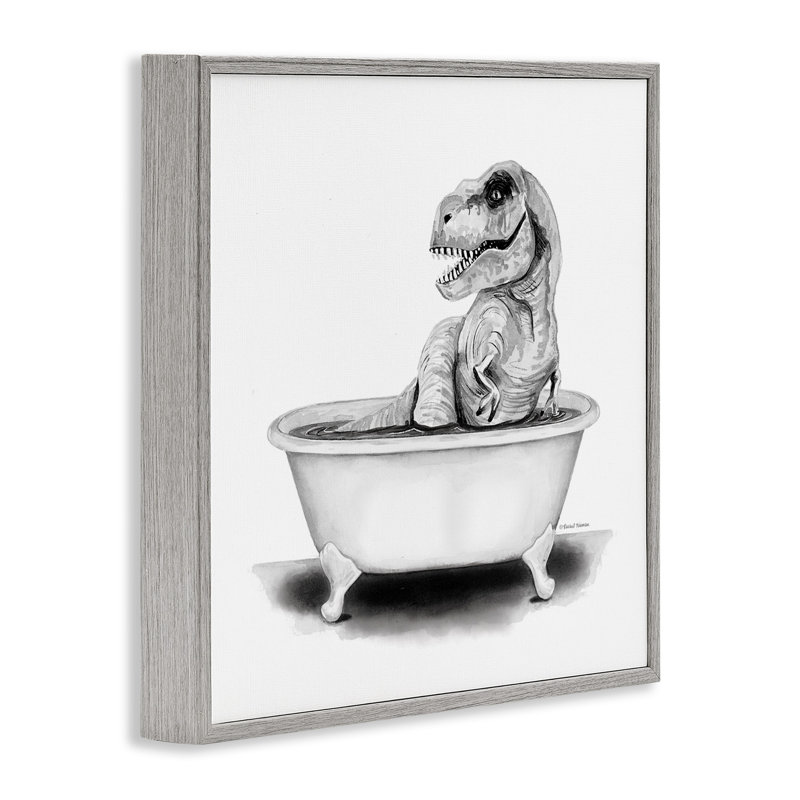 «Funny T-Rex Bathaign Washroom» par Rachel Nieman - cadre flottant, impression sur bois, H 17 po x l 17 po x P 1,5 po