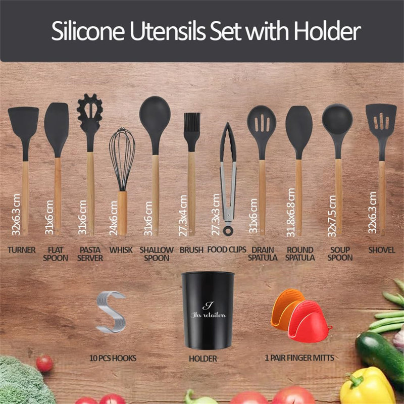 Arbordale 22 Piece Black Silicone Kitchen Utensil Set With Holder