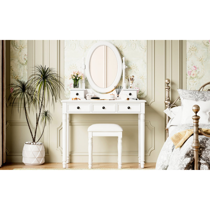 Coiffeuse blanche rétro avec miroir ajustable à 180 degrés, 5 tiroirs doublés de velours et tabouret assorti, maquillage en bois massif pour la chambre à coucher