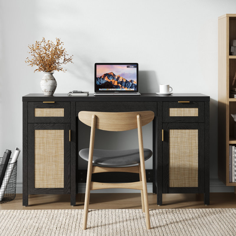 Bohemian Rattan 3-Drawer And 2-Cabinet Makeup Vanity Desk With Adjustable Shelves, Black Oak