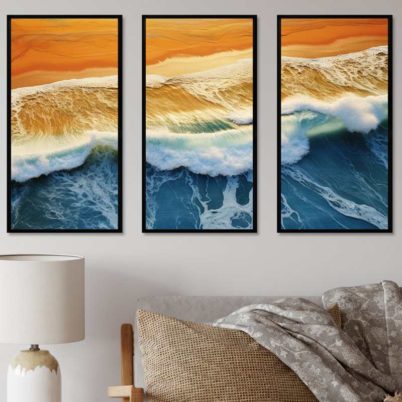 Vue aérienne de la plage bleue et orange II - art mural plage, H 28 po x l 36 po x P 1 po, Cadre flottant noir