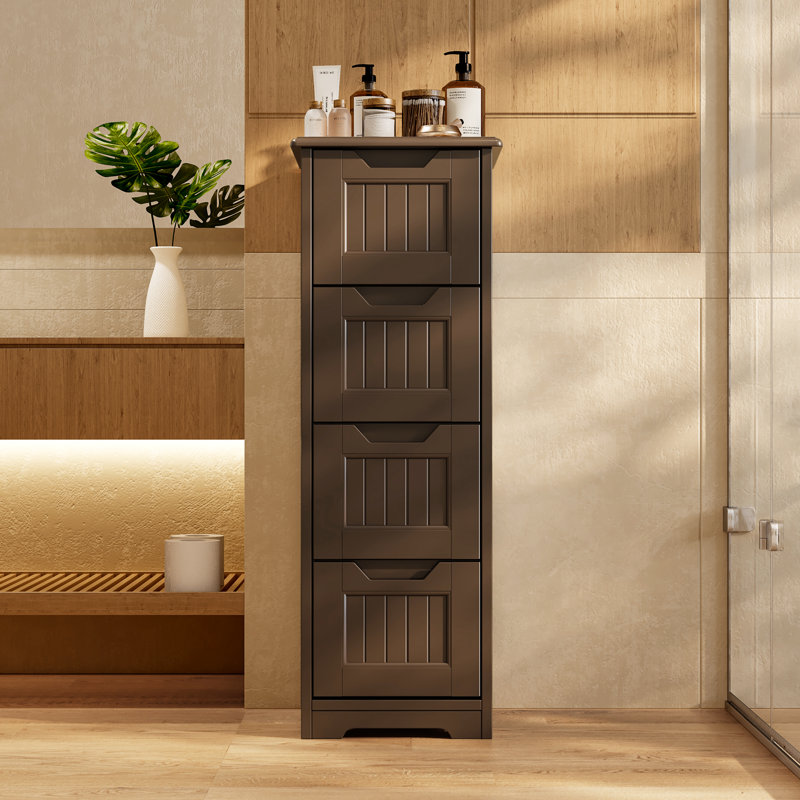 Free-standing Bathroom Cabinet with 4 Drawers, Brown Linen Cabinet, Brown