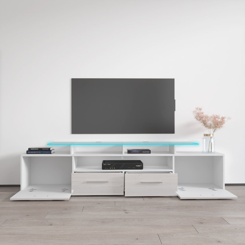 Casares 76.3" Modern TV Stand with LED Lighting, High Gloss Finish, Media Storage, White