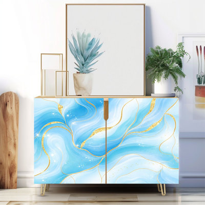 Buffet étroit de 35,4 po de largeur - armoire de rangement d'appoint à 2 portes avec aquarelle liquide bleu cyan, taches bleu sarcelle et pieds en métal