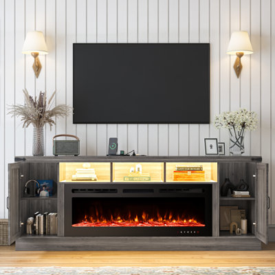 Meuble télé 77 po avec foyer électrique de 50 po, meuble télé multimédia avec prises de courant pour téléviseurs de 65/75/85 po, console média avec meuble de rangement pour le salon
